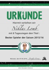 Urkunde - Niklas Lomb - Spieler der Saison 2015/2016